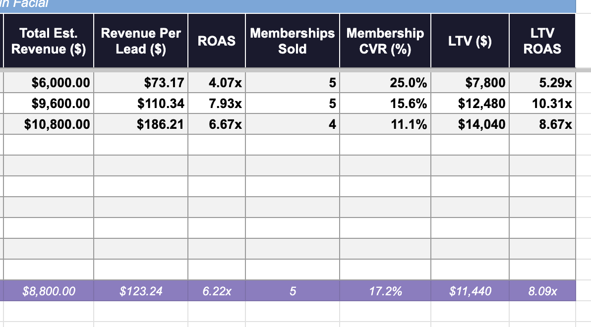 Boho Med Spa ad spend and return on ad spend report