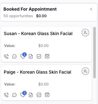 Nourish Skin booking pipeline: 50 opportunities booked for appointment for the Korean Glass Skin Facial, last names hidden