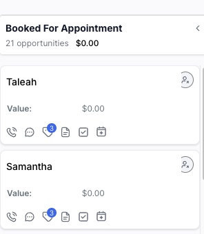 Booking pipeline: 21 opportunities booked for appointment, last names hidden